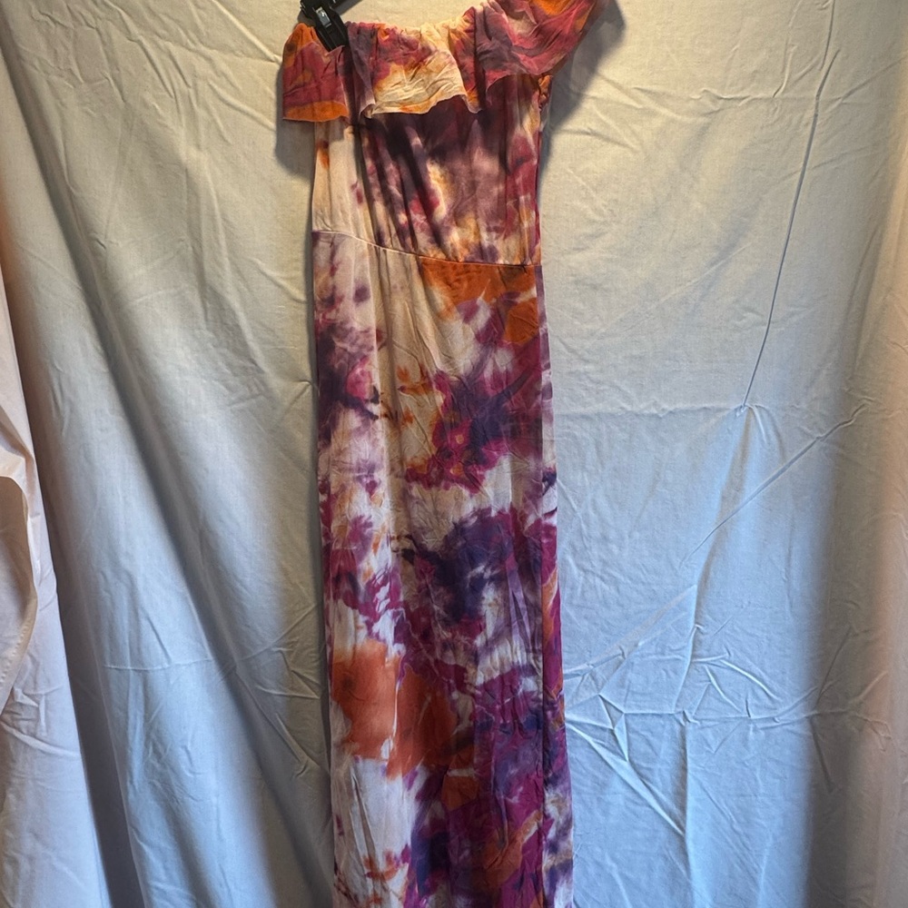 bebe One Shoulder Tie-Dye Maxi Dress - Purple Orange White - XS